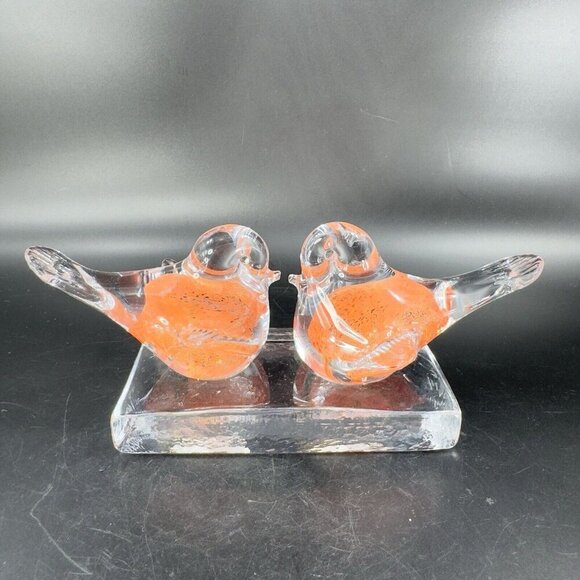 Vintage Murano ICET Hand Blown Glass Love Birds On Clear Block Sculpture Orange - Picture 12 of 14